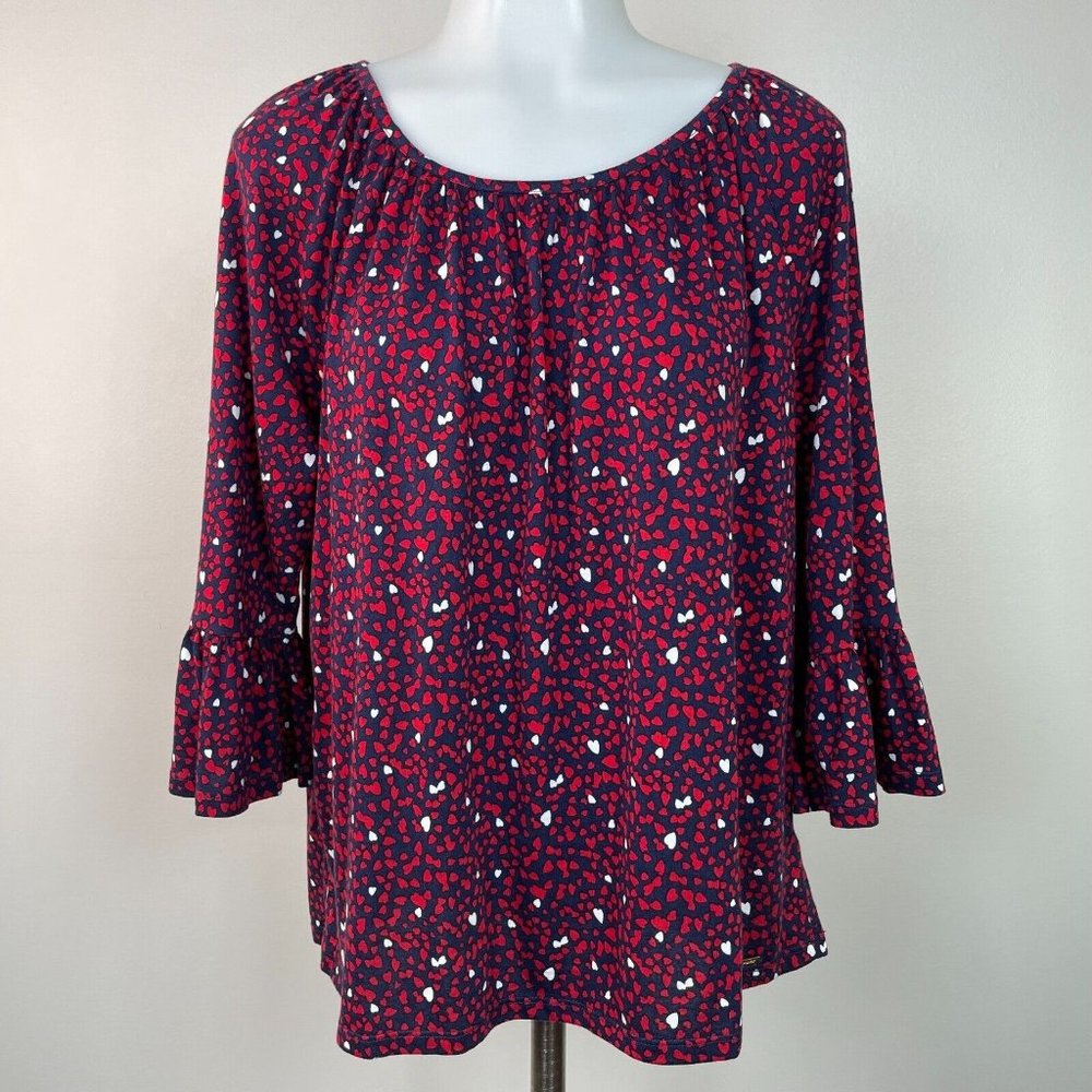 Michael Michael Kors Top Medium Blue Red Hearts Bell Sleeve Blouse Women's